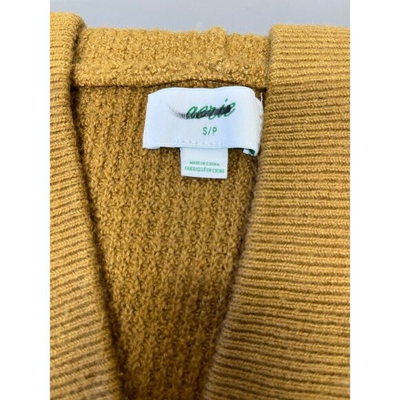 Aerie Oversized Waffle Knit Pullover Sweater V-Neck Hood Womens Small Gold Brown - Picture 6 of 7